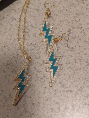 Gold Lightning Bolt Necklace and Earrings Set with Teal Inlay